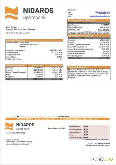 Modèle Word et PDF de relevé hypothécaire de la Norvège Nidaros Sparebank